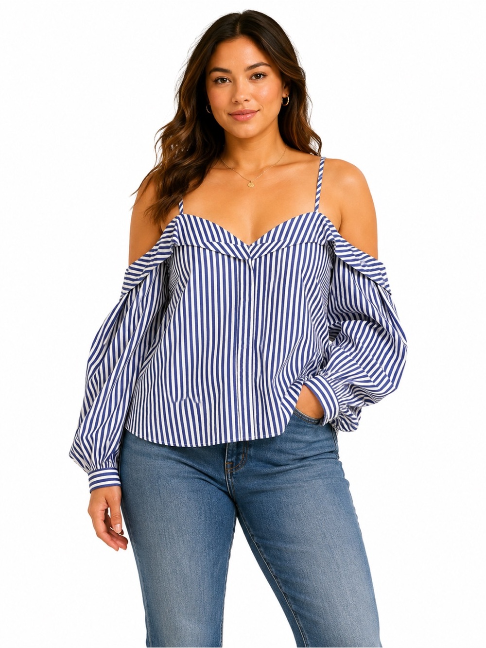 Bardot Paloma Stripe Top BNWT Blue White Off Shoulder Cotton Blouse Size M